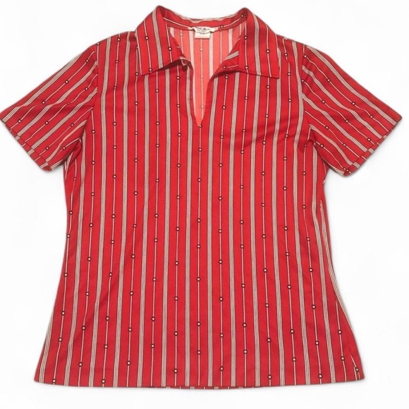 Vintage Tops - VTG 70s Mardi Modes red black white retro bowling shirt graphic geometric print